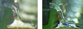 Figure 3. Lead-free QFP joint (left) compared to a conventional joint (right)